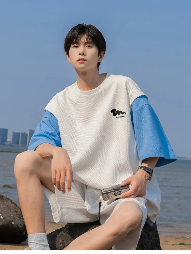 

Повседневный спортивный костюм для мужчин: летний, свободный, тонкий, с коротким рукавом, футболка, комплект одежды для подростков (размер M)