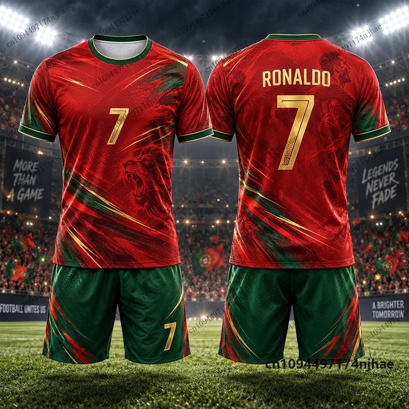 2-teiliges Outfit Trainingsanzug für Kinder Ronaldo # 7 Bedruckte T-Shirt- und Shorts-Sets, Fußballtrikot-Set, Sportbekleidung für Kinder/Erwachsene – Detail 5