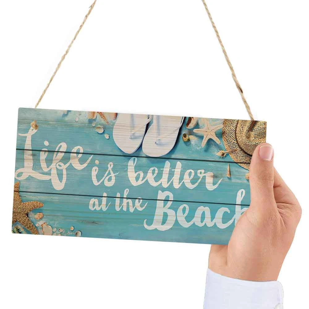 Putuo Decor 1pc Beach Wooden Sign, Wood Hanging Plaque for Beach House Bedroom Living Room, 3.9 x 7.8 Inches