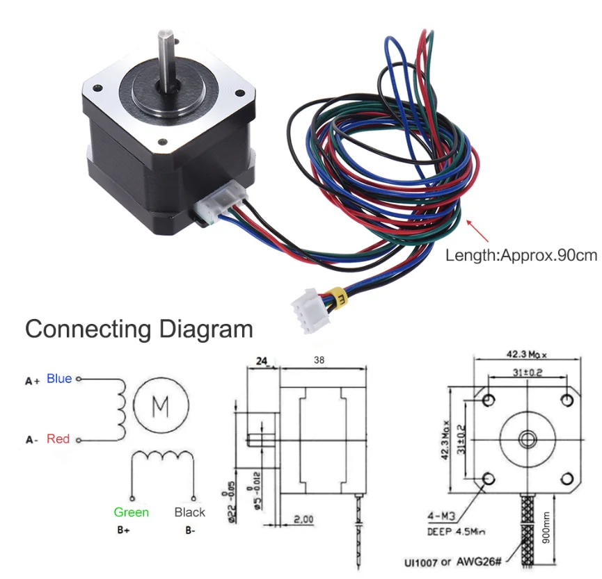 42 Steppers 4 Lead Stepper Motor Nema 17 Motor With 1m Cable 42BYGH 38MM 1.5A For Anet A8 A8+ A6 ET4 /X/ Pro ET5 /X/Pro 3D Print