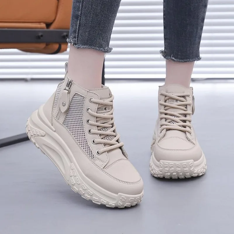 Women's versatile platform casual shoes, mesh sneakers, white color, with high-top side zipper design, breathable mesh surface