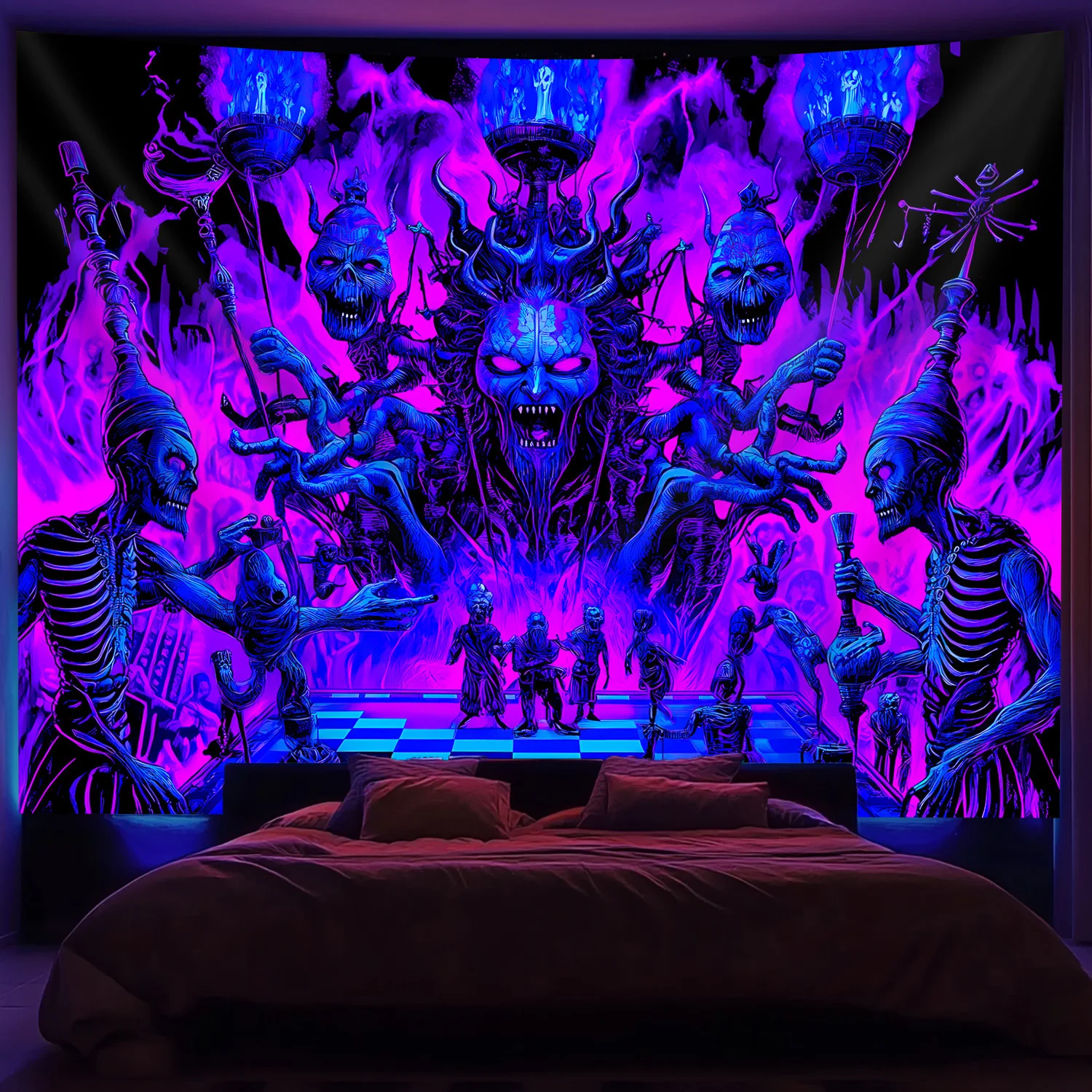VIKAMA Halloween Dark Night Demon Lord Wandteppich Gehörnter Dämon Lila-Blauer Totenkopf Dunkles Raumthema Gothic-Stil Wohnzimmerdekoration