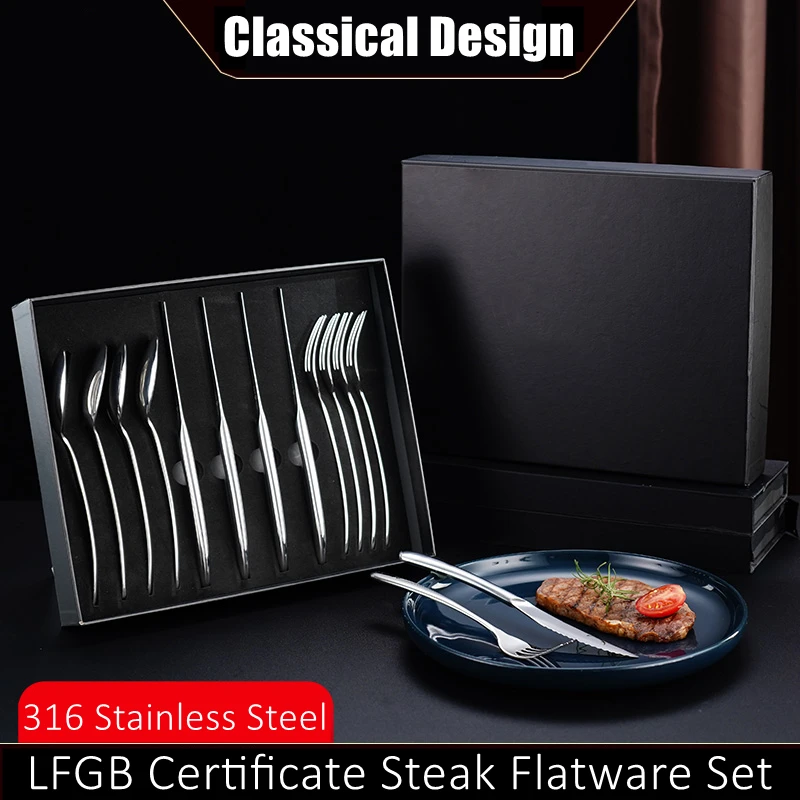 

12 Pcs LFGB Certificate 316 Stainless Steel Steak Cutlery Set Classical Dinner Knife Fork Spoon Tableware Flatware Family Gift