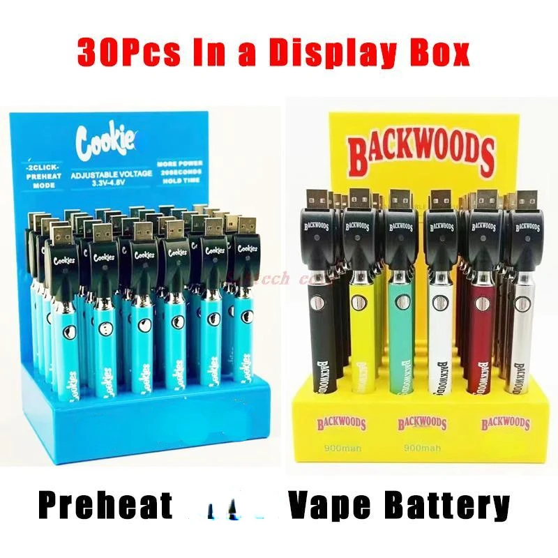 

30pcs Cookie Backwoods 900mAh Preheat VV Vapes Battery Voltage Adjustable with USB Charger Fit 510 Thick Oil Cartridges Tank