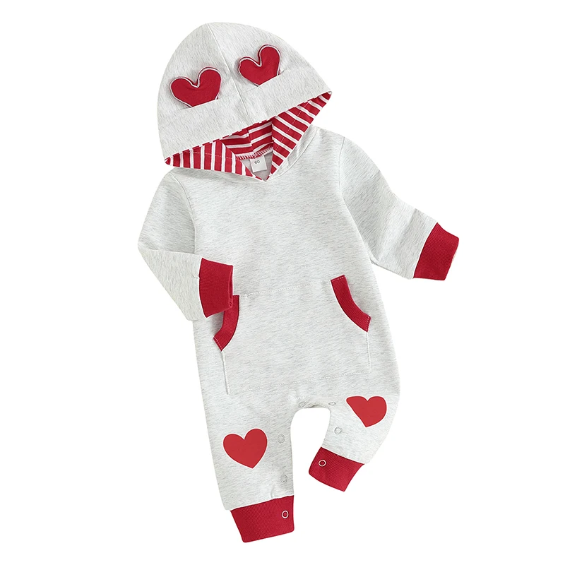 Newborn Baby Boy Valentines Day Outfit Heart Long Sleeve Hooded Romper Jumpsuits  Outfit Spring Clothes