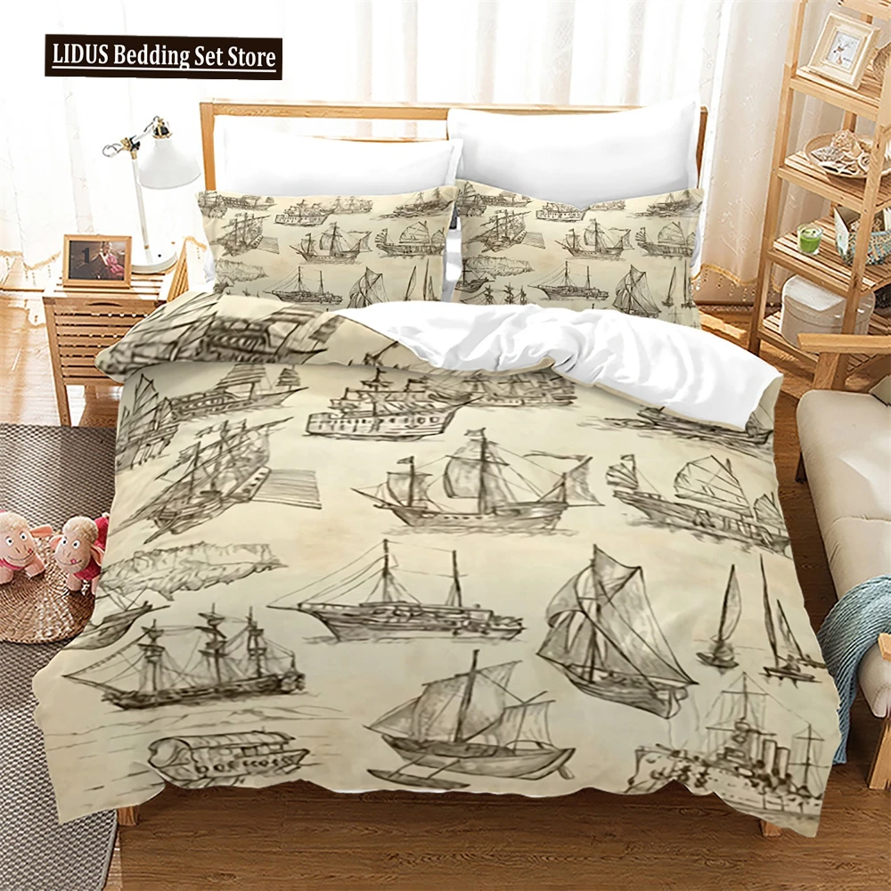 Pirate Ships Duvet Cover Set Vintage Nautical Style Comforter Cover Polyester Bedding Set Medieval Sailing Ship King Queen Size