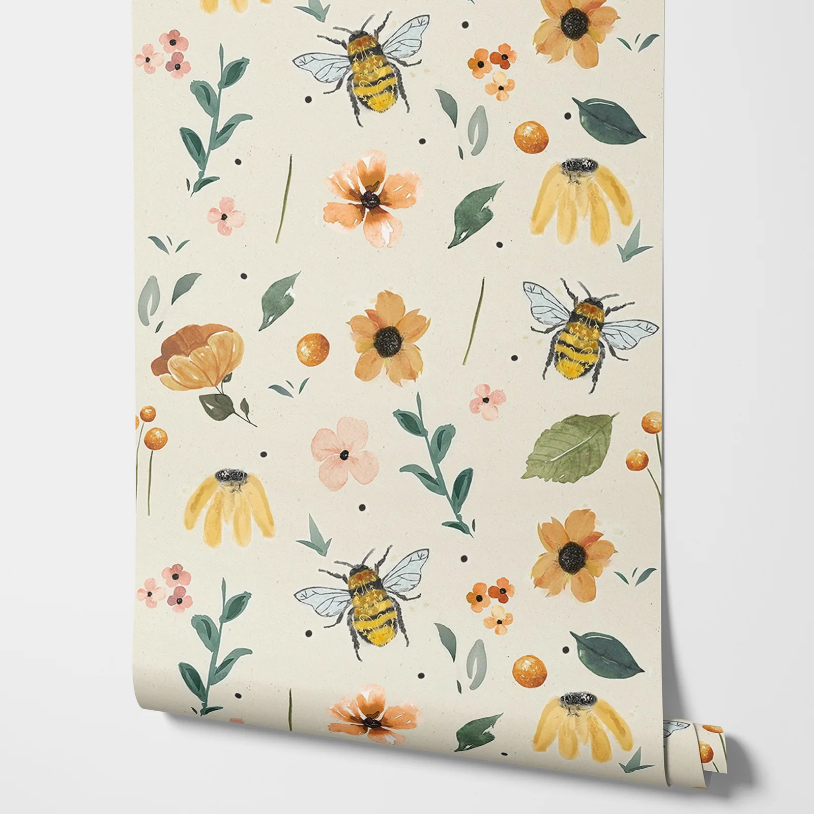 Spring Bees Peel and Stick Wallpaper, Whimsical Floral Cute Botanical For Wall Art Wall Decor , Tradition Non-woven Wall Mural
