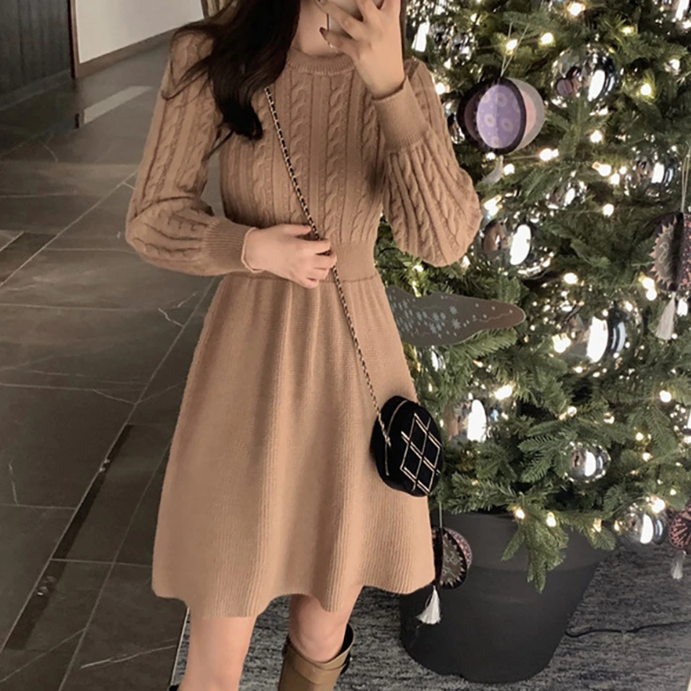 Women Tunic Sweater Dress Autumn Winter Long Lantern Sleeve Slim Knitted Vestidos LMFS-LM-20059