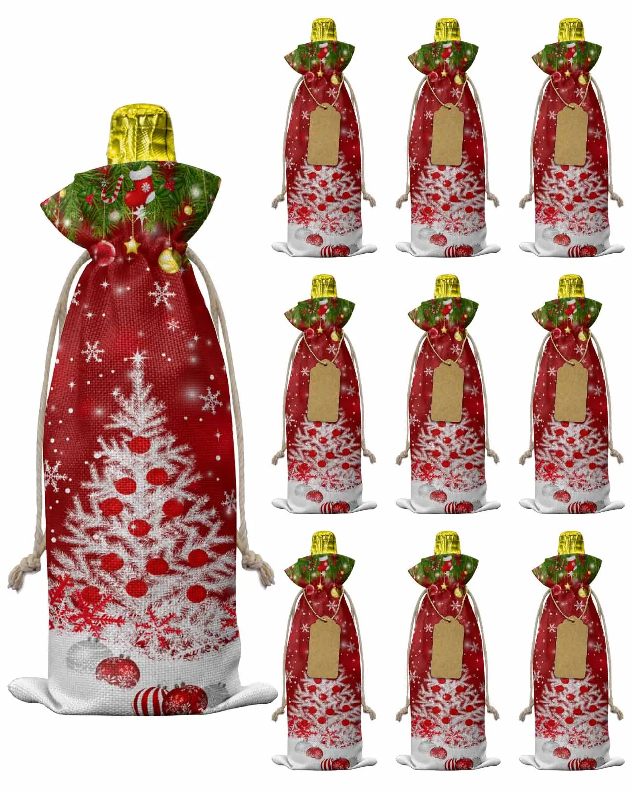 10pcs Christmas Tree Christmas Ball SnowflakesWine Bottle Bag with Drawstring Festive Party Decor Wine Bottle Covers Gift