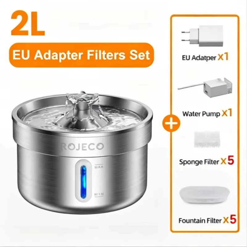 ROJECO Roestvrijstalen drinkfontein voor huisdieren Auto Cat Waterfontein Slimme waterdispenser voor huisdieren met pomp voor hond Kat drinkbak