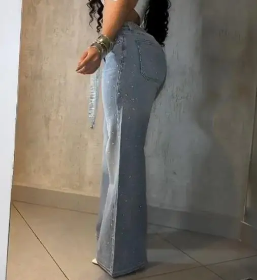 Calças de brim femininas novo allover strass decoração cintura alta zíper voar jeans casual perna larga calças jeans com strass decoração cinto