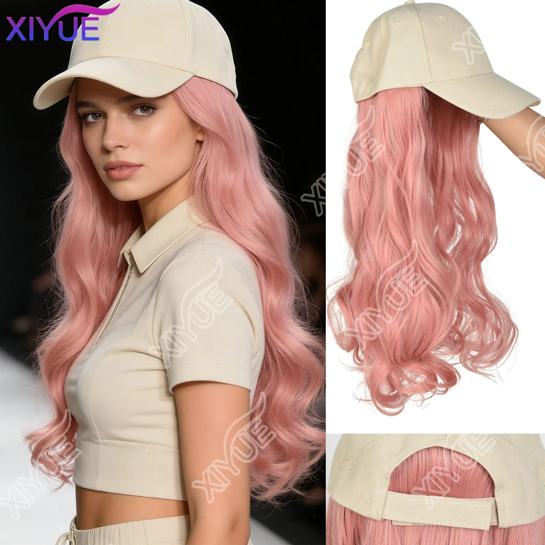XIYUE-gorro con peluca de una pieza para mujer, sombrero beige con visera, peluca rosa con ondas rizadas, moda europea y americana, peluca de 20 pulgadas