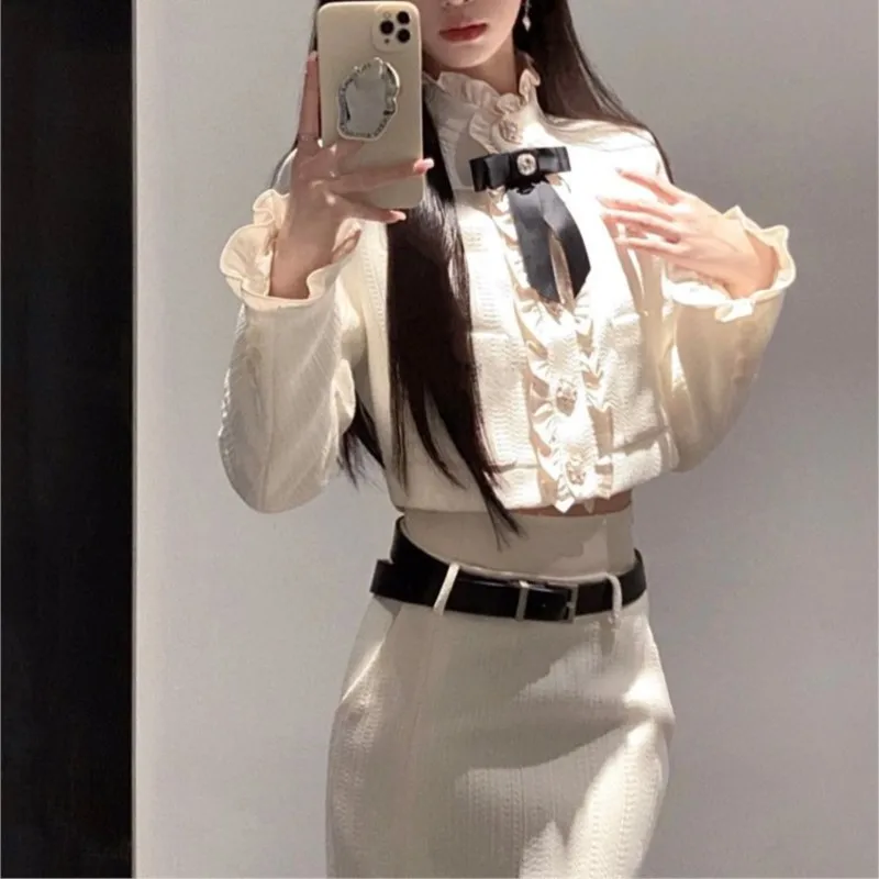 Korean Fashion Elegant Two-piece Skirt Set Women Crop Jacket Coat Bodycon High Waist Midi Skirt Autumn Winter New Luxury Outfits