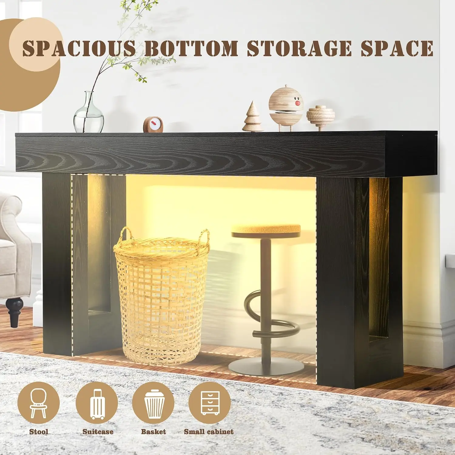 63 Inch Entryway Console Table with LED Light & USB Outlet, Narrow Wood Sofa Table for Entrance Hallway Living Room, Customized