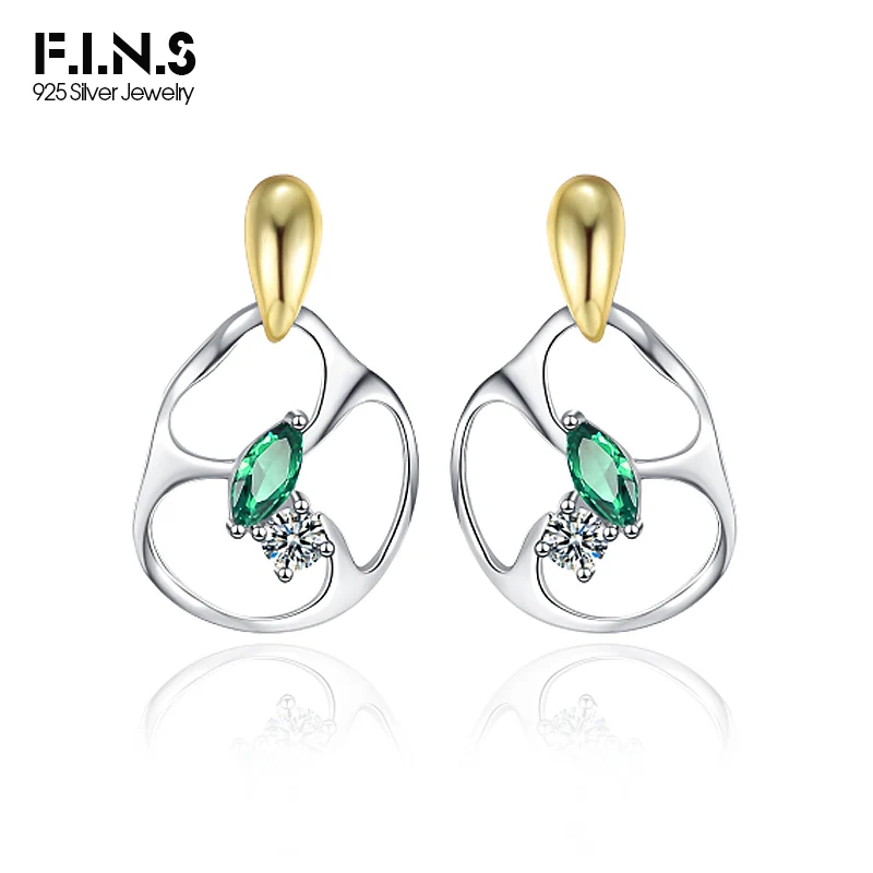 

F.I.N.S Luxury S925 Sterling Silver Collision Color Drop Earrings Irregular Hollowed Out Green Cubic Zirconia Party Fine Jewelry