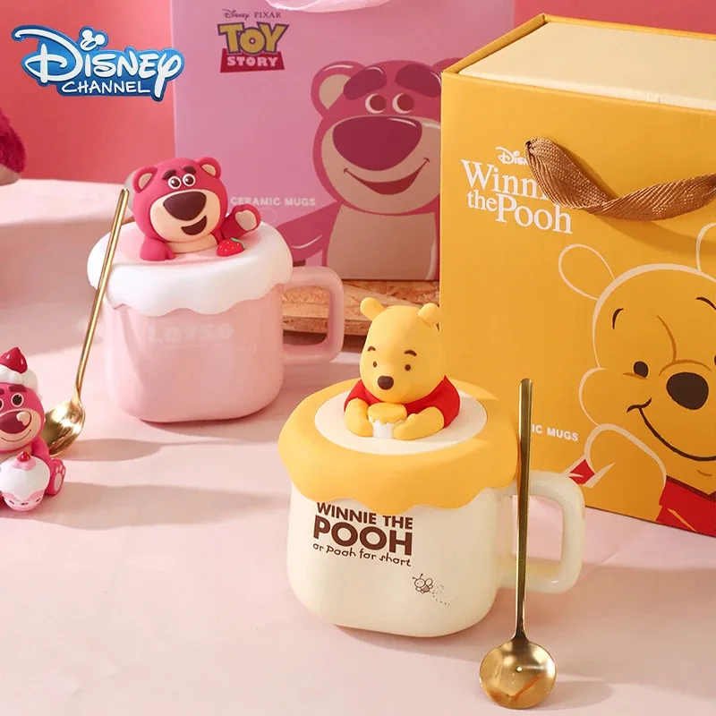 Tazas de cerámica de Winnie de Disney The Pooh con cuchara versión Q Pixar Toy Story Lotso taza de agua tazas de café tazas de leche para niños regalo de Navidad