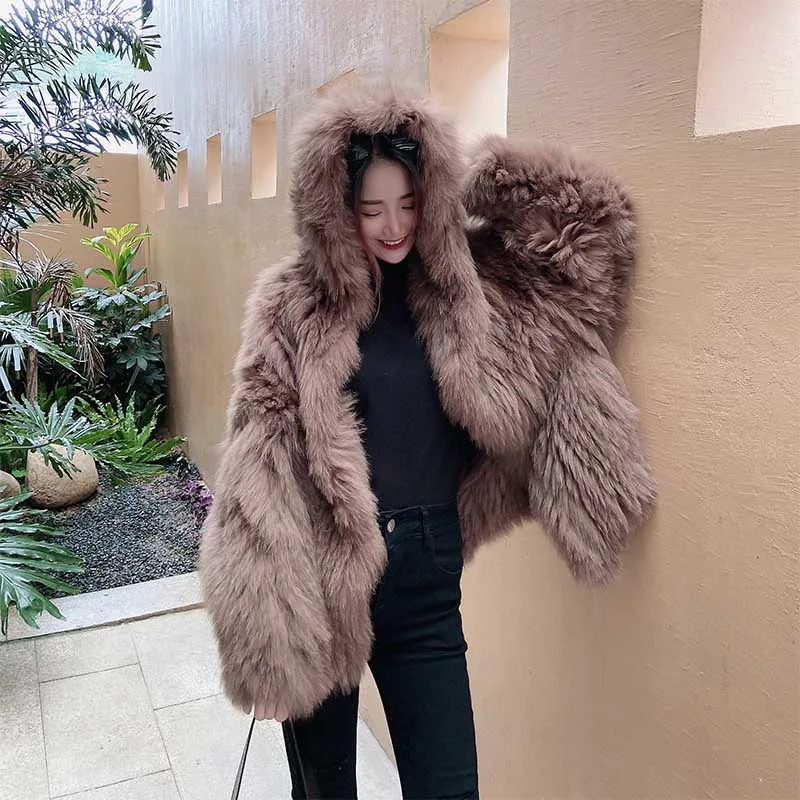 New Fox Fur Double-Sided Woven Fur Hooded Jacket Batwing Sleeve Young Loose Furry Fur Clothing