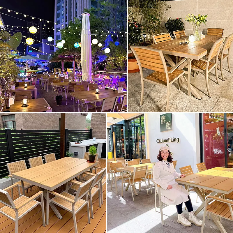 Garden outdoor plastic wood tables and chairs villa open-air restaurant sun protection table leisure outdoor teak color