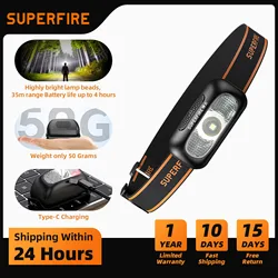 SUPERFIRE Mini akumulatorowa latarka czołowa USB wysokiej mocy reflektor LED wodoodporna lampa czołowa latarka z czujnikiem światło przednie robocze