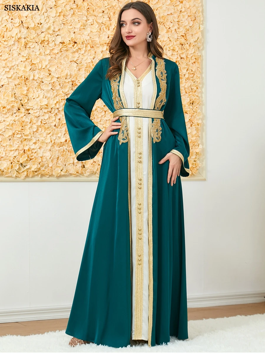 Muslim Fashion Two Piece Jilbab Robe Appliques Winter Abaya And Vest Long Dress Overgarments Islamic Women Moroccan Caftan