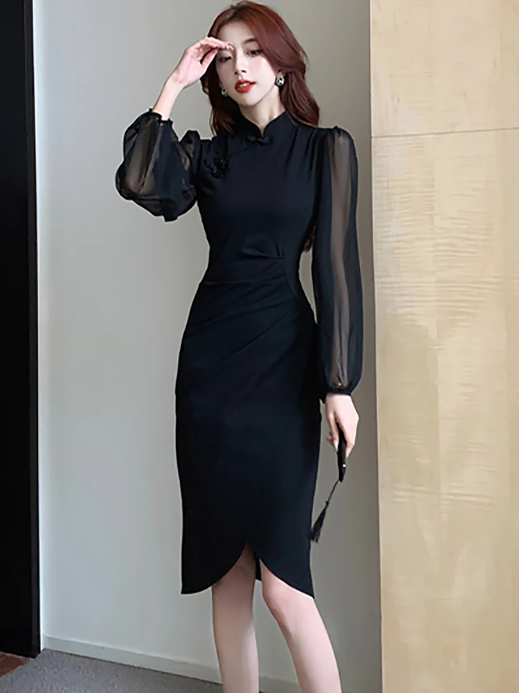 Feminino coreano vintage hepburn vestido de baile outono inverno preto plissado bodycon malha manga longa vestido 2025 elegante vestidos de festival