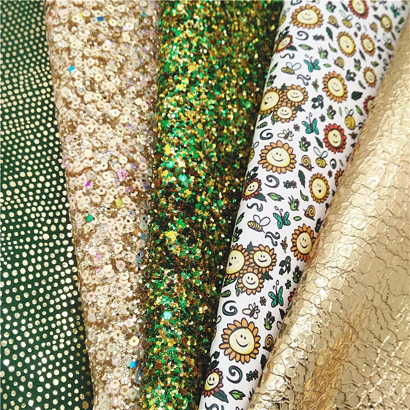 Gold Sequins Glitter Leather Sheets Green Gold Mixed Glitter Leather Crack Faux ZLeather Sunflowers Craft Sheets Mini Rolls W357