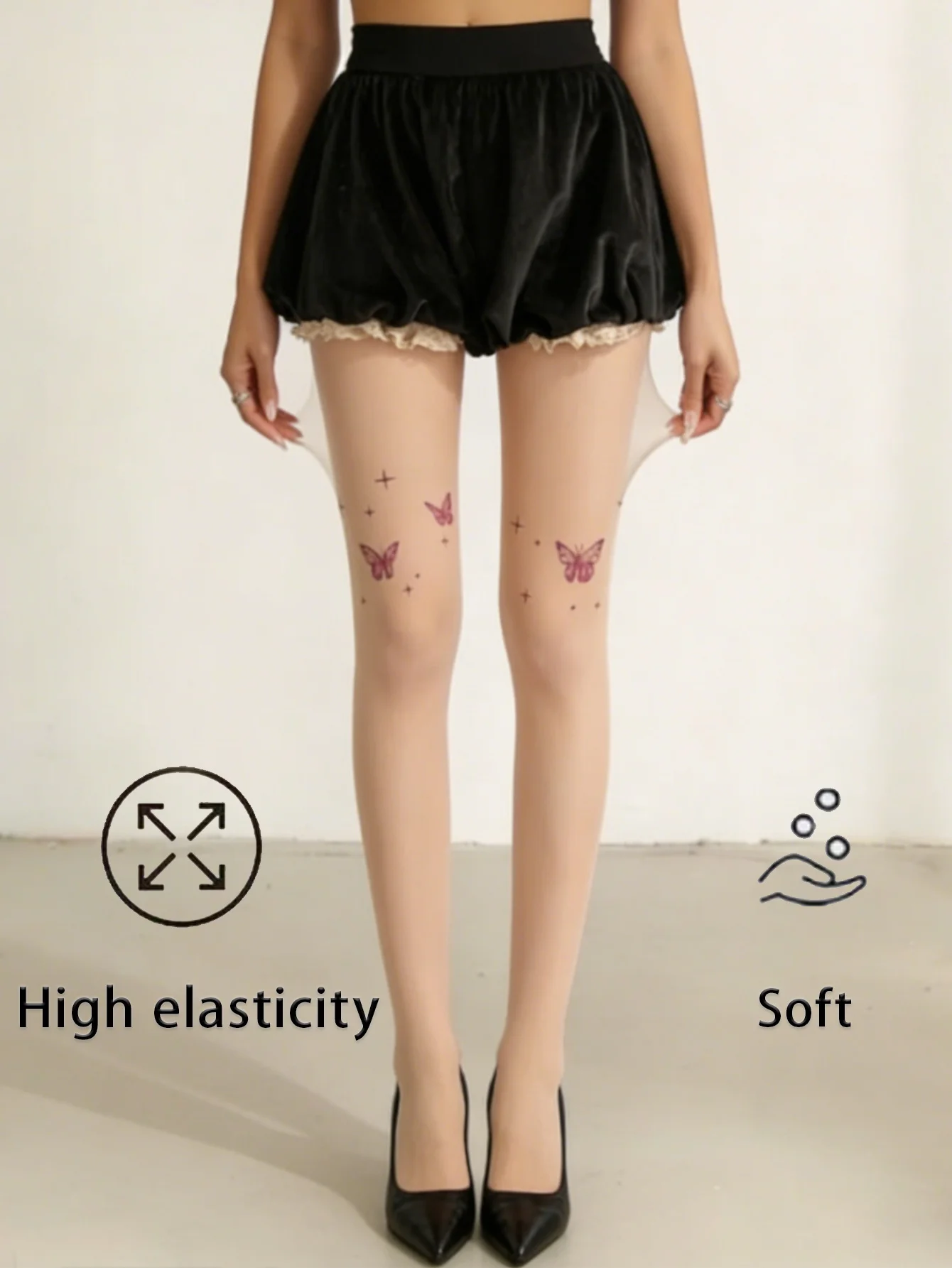 Damen-Strumpfhose mit Nude-Effekt und Rosa Schmetterlingsdruck, Hochelastische Weiche Strümpfe für JK-Uniformen & Kawaii-Outfits