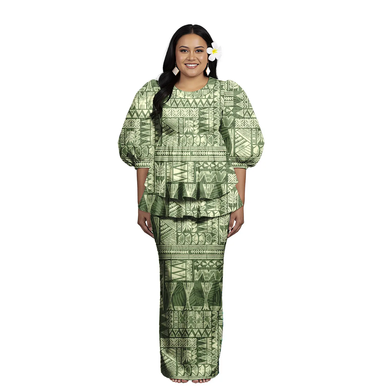 هاواي Puletasi نفخة الأكمام قميص وفساتين النساء 2 قطعة طباعة حسب الطلب Puakenikeni Puletasi حجم كبير فساتين حريمي مخصص