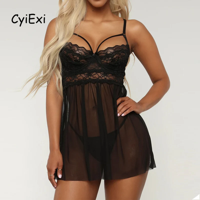 

CyiExi Women's Sexy Lace Babydoll Set Nightdress Sleeveless Hollow Out Lingerie Dress + Thong 2 Piece Sheer Mesh Night Sleepwear