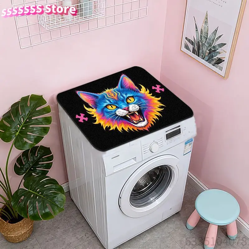 Vibrant Psychedelic Cat dryer sheet for washing machines & dryers - Neon Pink & Blue feline decor, Edgy sharp teeth design, Dura