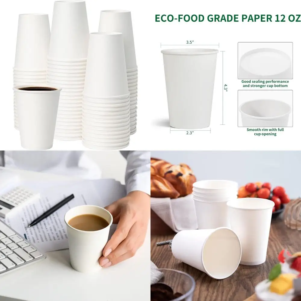 

12 oz Disposable Coffee Cups, 1000 Pack, Upgraded Thick Paper, White, Eco-Friendly and Durable for Hot Beverages