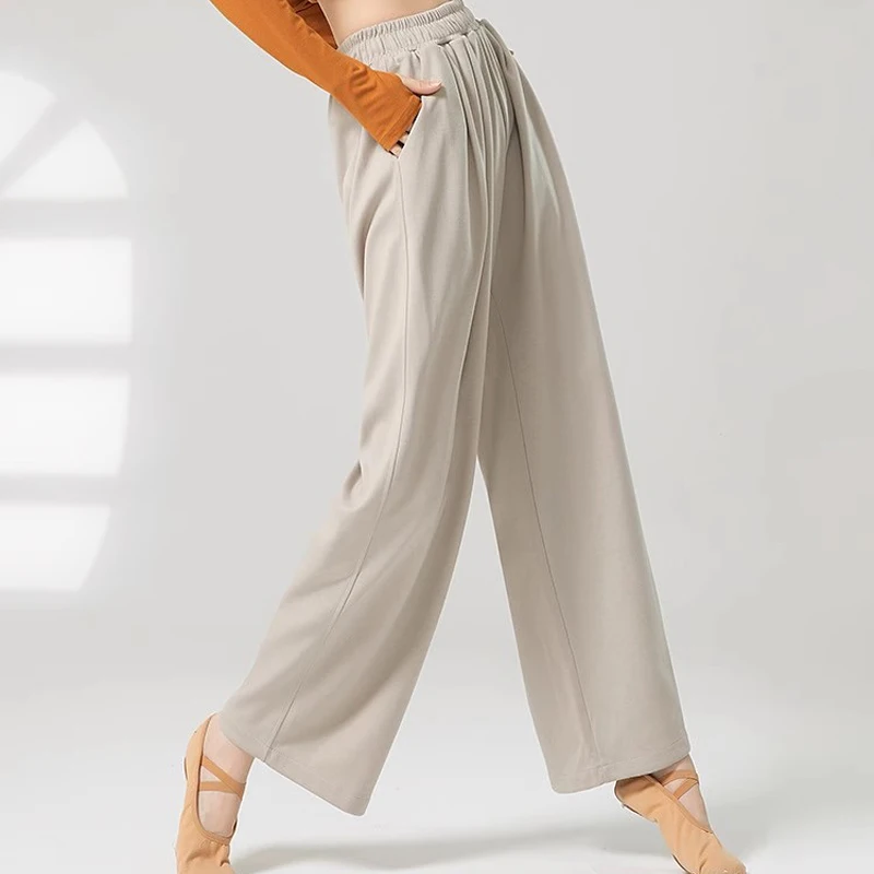 

Классические танцевальные брюки с карманами и высокой талией, широкие танцевальные брюки для женщин, струящиеся свободные прямые брюки для сценических тренировок