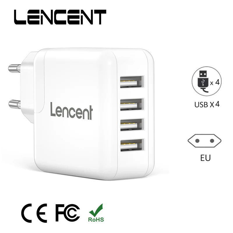 LENCENT EU Plug Wall Charger with 4 Ports USB 24W/4.8A USB Socket Charger with Auto-ID Technology for Phones Tablets Fast Charge