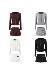 2024 Women's Knitted Buttoned Long Sleeve Round Neck Cardigan High Waist Pleated Leather Button Skirt Fashion Suit