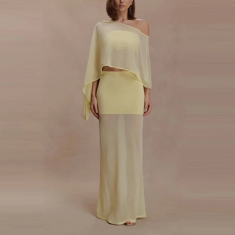 

Casual Solid Slash Collar Tops&Half Skirts Beach Sets Elegant Lady High Waist Hollow Skirts Sets Fashion Simple Vacation Outfits