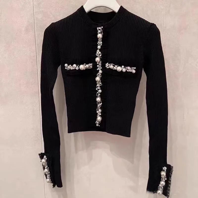 Elegant Black Diamond Embellished Knitted Open Cardigan Women's Autumn Fashion Sweater Top High-End Small Fragrance Style view 3