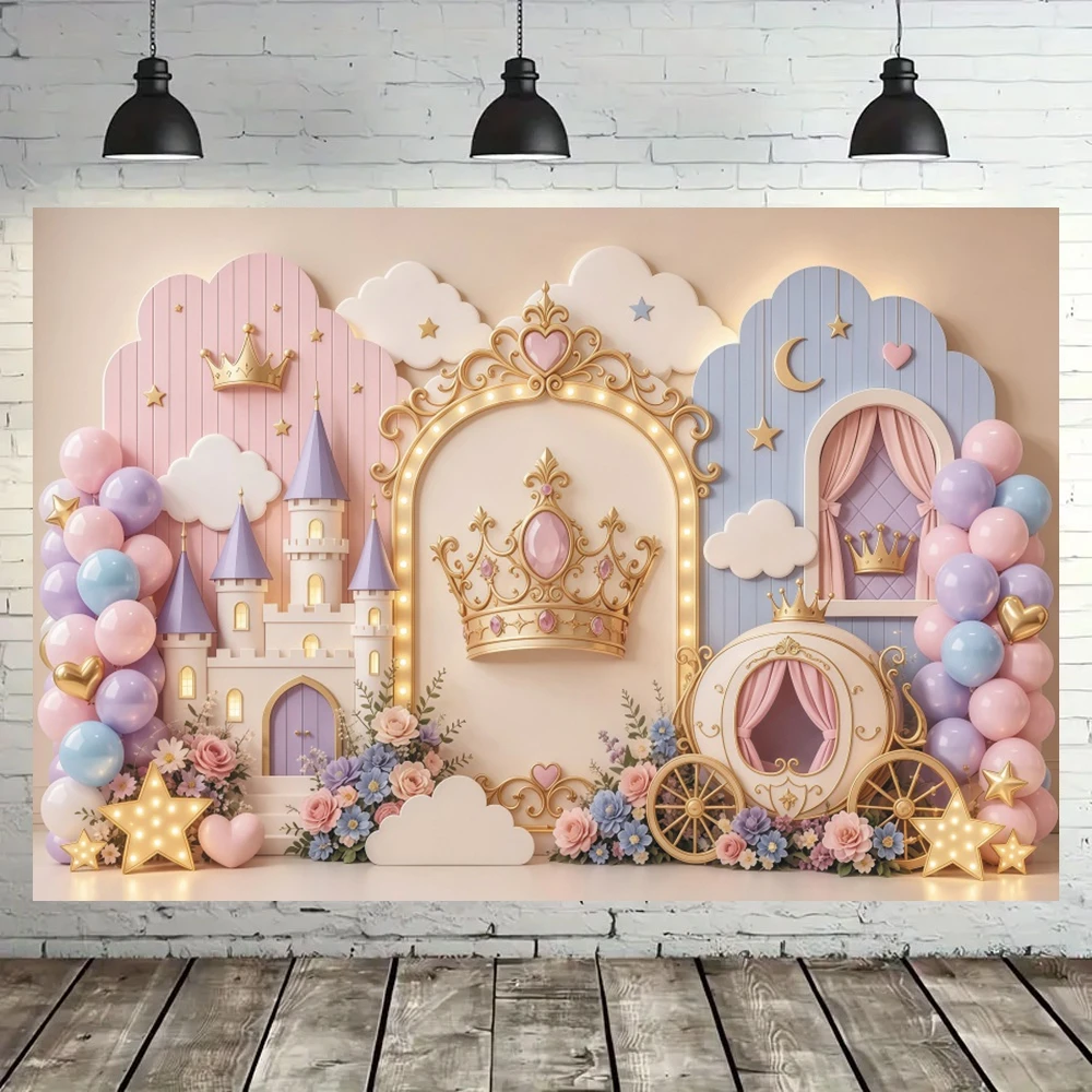 Fairy Tale Castle Backdrop Golden Crown Balloon Floral Cloud Princess Theme Kids Party Photo Booth Photography Background Props