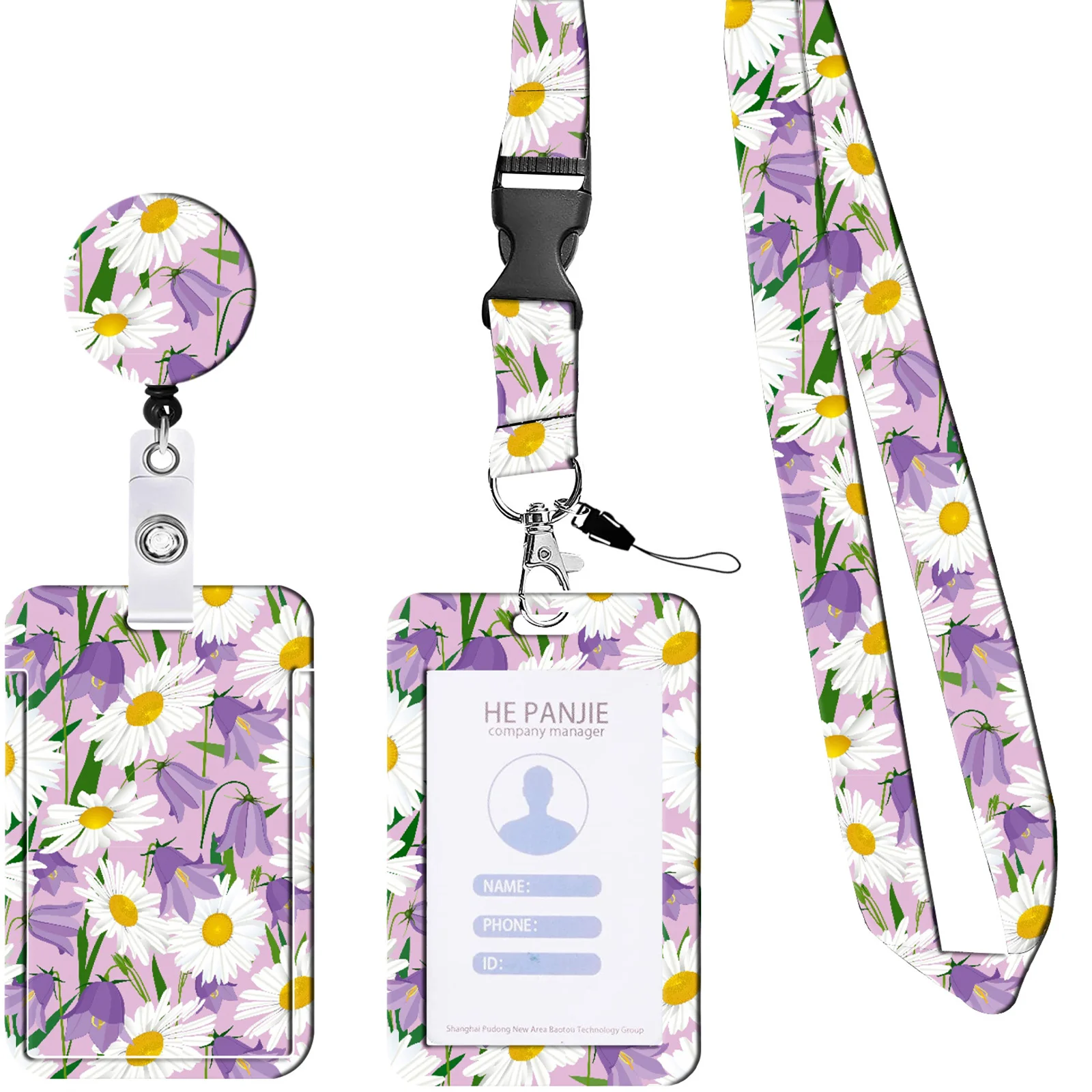 Staff Working Cards Holder with Retractable Long Lanyard and Badge Reel Flower ID Credit Cards Holder Cover for Woman Phone Rope