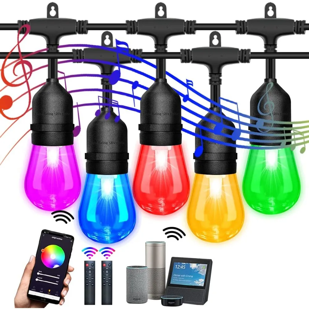 

96ft Multi Color Outdoor String Lights, Music Sync, Alexa/Google Assistant Compatible, Outdoor Café RGB LED String Light