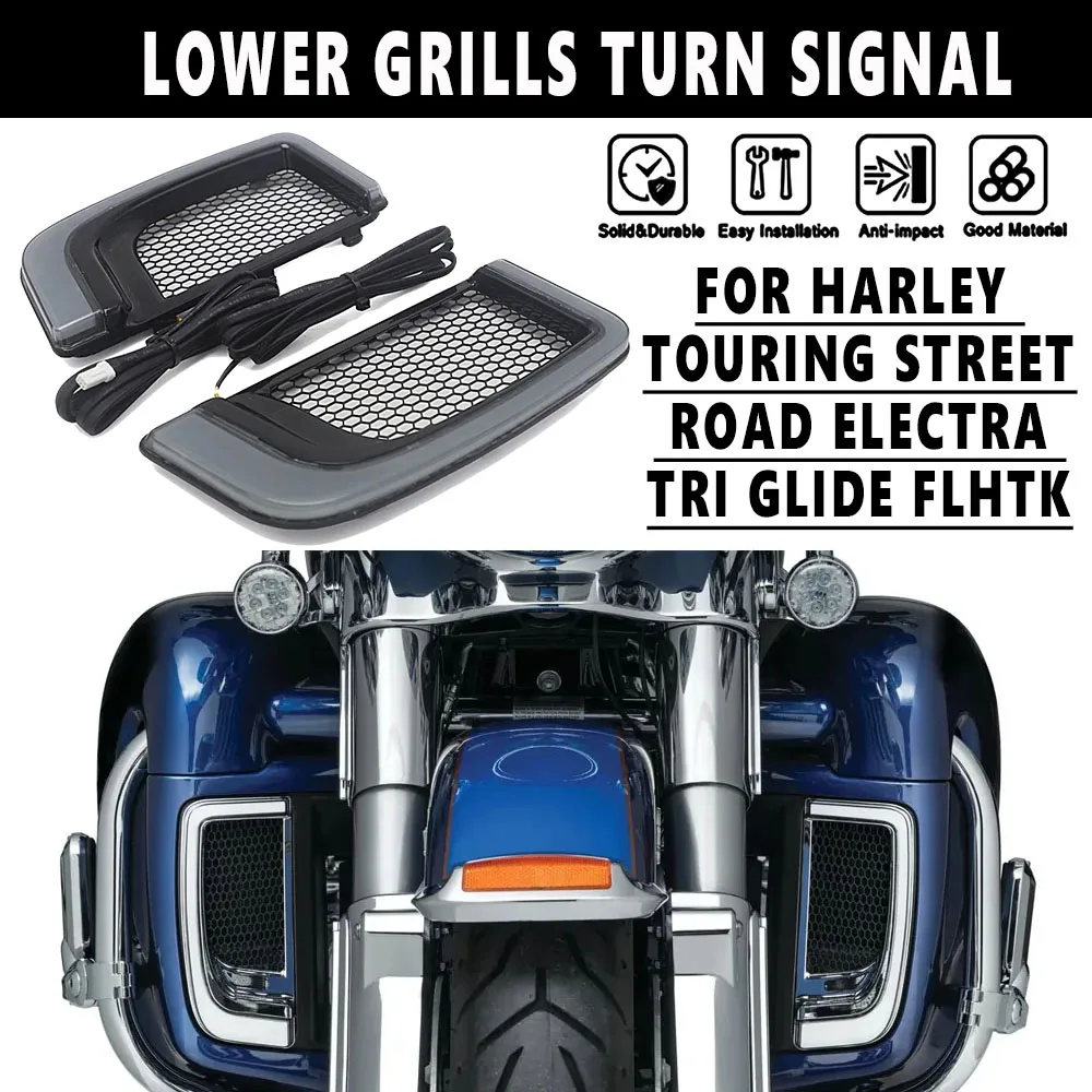 Motorcycle Black LED Fairing Lower Grills Turn Signal Running Light Lamp For Harley Touring Street Road Electra Tri Glide FLHTK