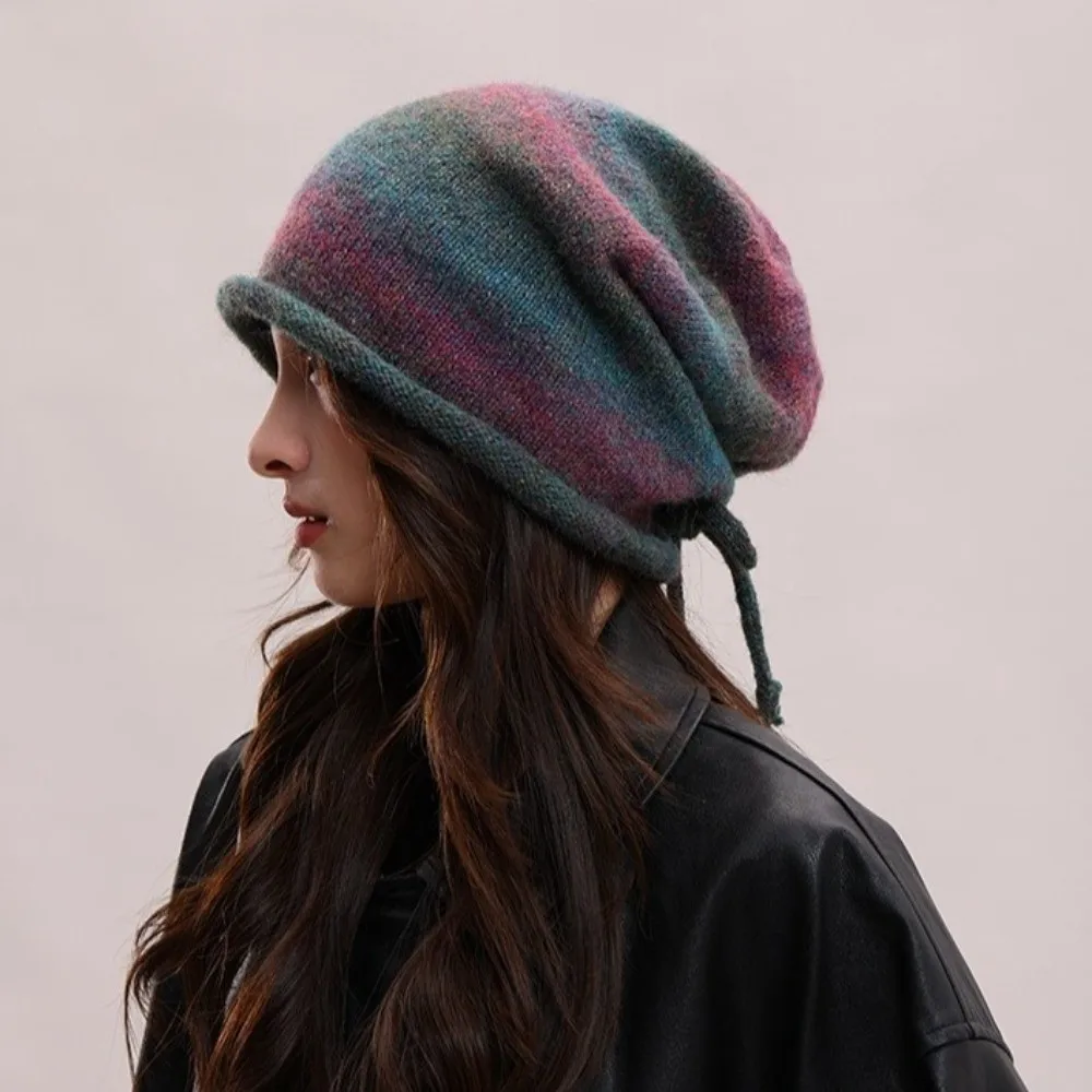 Fashion Gradient Color Knitted Stacked Hat Loose Rolled Brim Y2K Pullover Cap Dome Headgear Drawstring Beanies Hat Outdoor