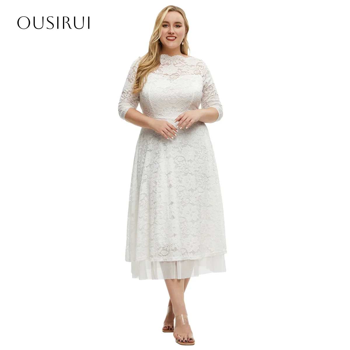 Renda meia manga linha A vestidos de baile comprimento chá franzido personalizado плаğinе на выпуск