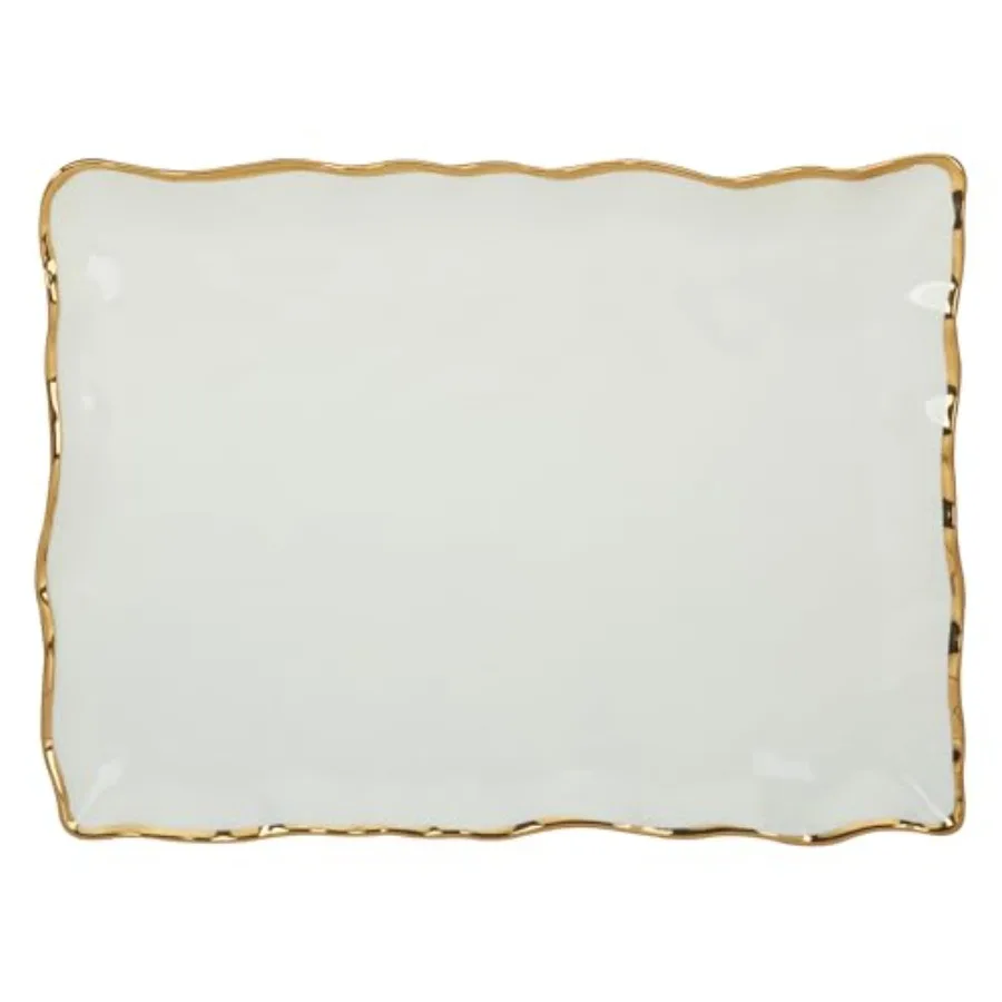 

Золотая фарфоровая прямоугольная тарелка Regency с зубчатыми краями, металлическая золотая оправа, 16x11,75 дюйма, элегантное сервировочное блюдо для закусок