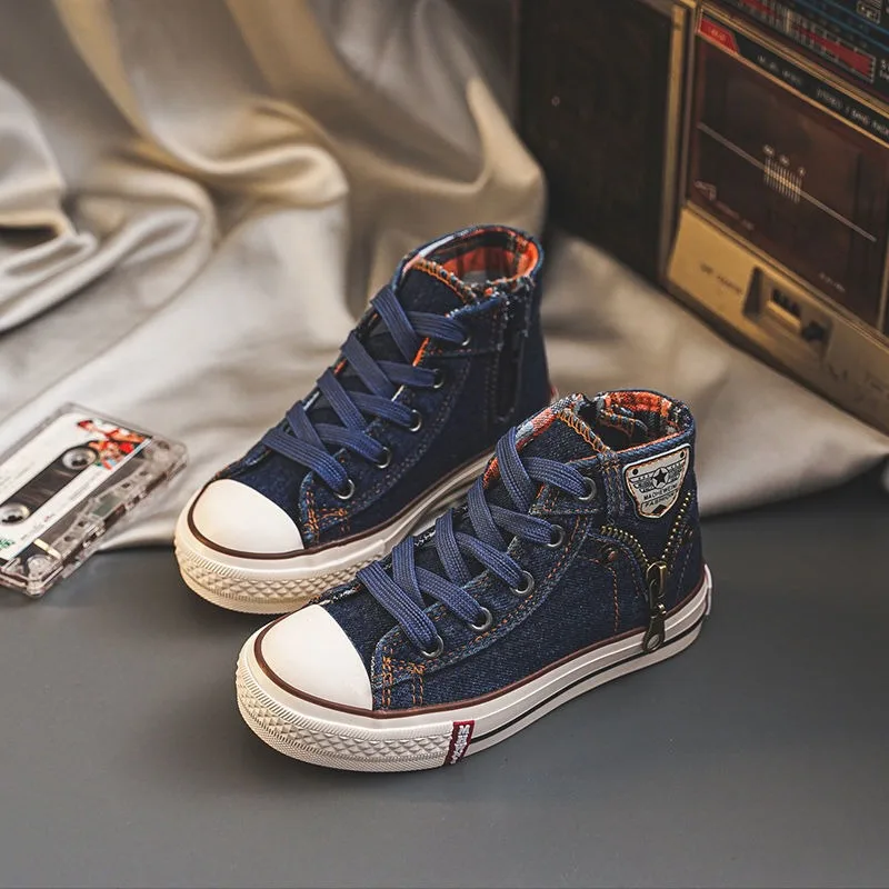 Chaussures en toile denim pour enfants, chaussures polyvalentes pour garçons et filles, chaussures de planche à fermeture éclair, mode printemps et automne, nouveau, 2024