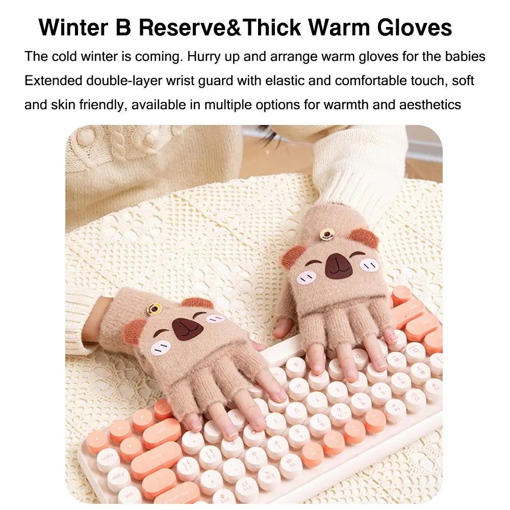 Capybara Kids Winter Gloves Thickened Mink Fleece Student Half-Finger Flip Gloves Cartoon Warm Knitted Mittens for Boys Girls