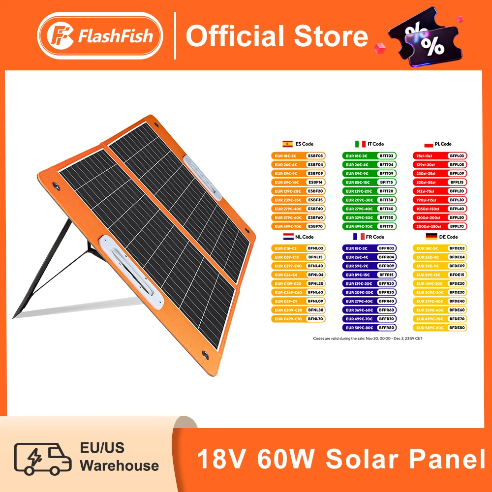 

FF Flashfish Solar Panel 60W Solar Charger Foldable USB 18V DC Solar Cell for Charging Solar Generator Phone Outdoor Camping RV