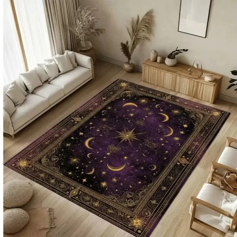 Royal Purple Bohemian Moon and Stars Carpet Mystical Cosmic Design with Golden Celestial Patterns Rug for Living Room Bedroom
