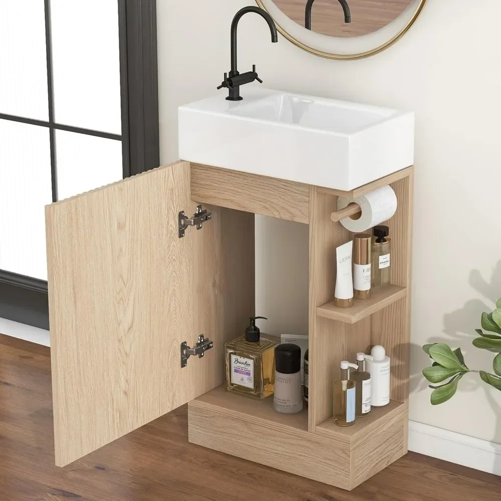 Postmodern Nordic Single Bathroom Vanity 19" Small With Sink,1 Door,Toilet Paper Holder And 2 Tier Shelves,Natural Wood - view 3