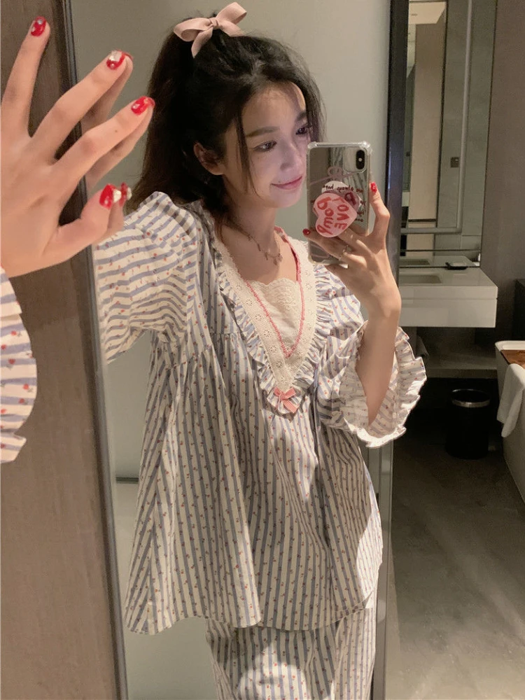 Striped Pajama Sets Women V-neck Autumn Tender Ruffles Sweet Home Students Korean Style Long Sleeve Sleepwear Casual All-match