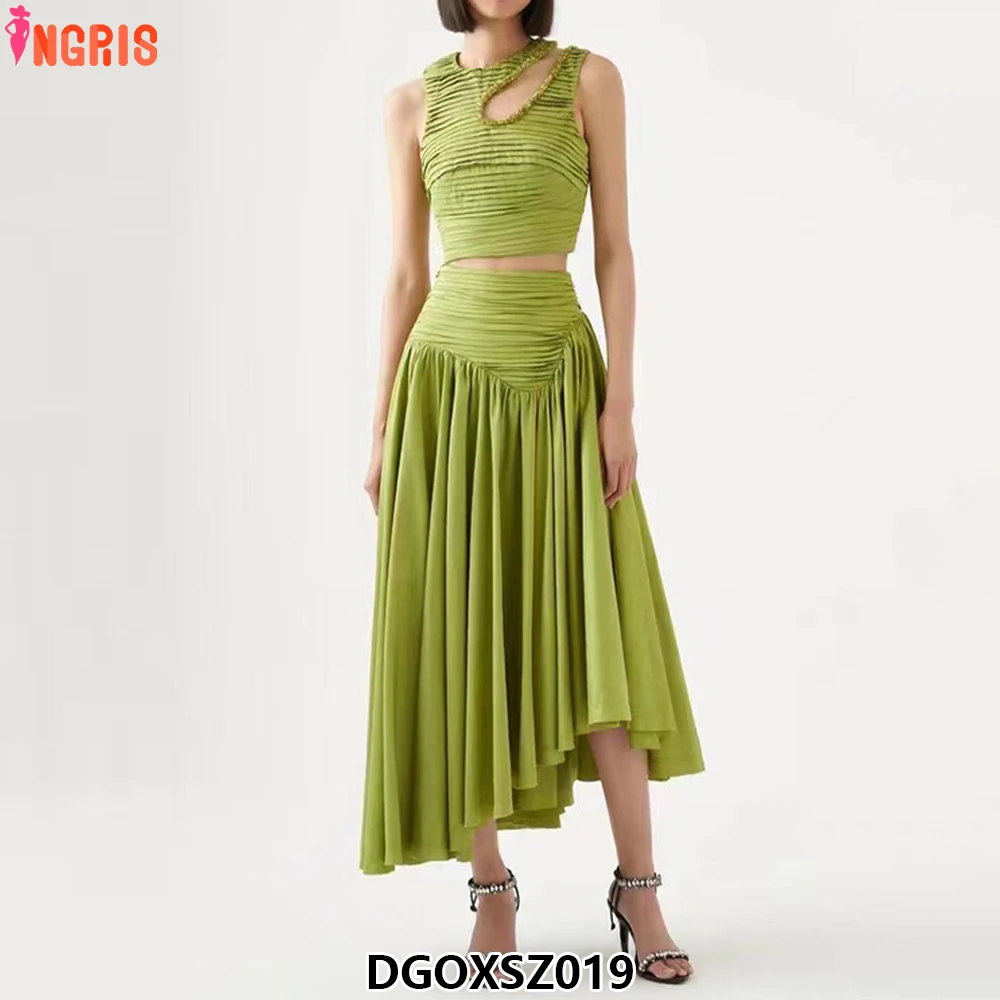 

Customized fashion two-piece summer new sexy off-shoulder women's top + ruffled waist-baring women's skirt-DGOXSZ019